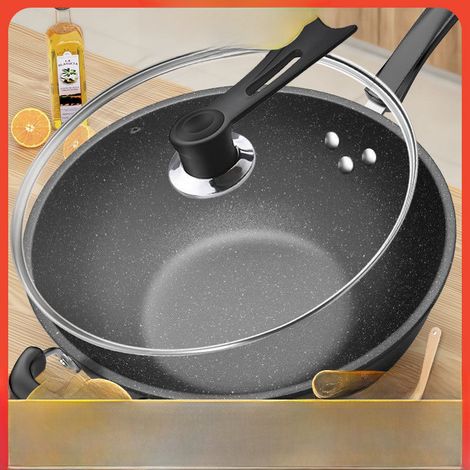 Poêle antiadhésive en pierre Maifan, poêle de cuisine domestique légère, poêle à frire universelle en fer forgé (34 cm avec couvercle) (1/5)
