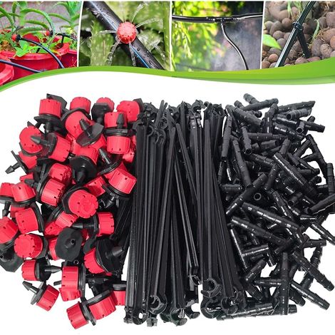 Kit d'irrigation goutte à goutte automatique 300 pièces Système d'arrosage de jardin Micro goutteurs réglables 3 tuyaux en T et piquets de support de tuyau
