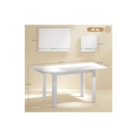 Table à manger blanche extensible en MDF 120-160 x 70 cm, avec rallonge et finition brillante, pour cuisine salle à manger et salon (1/5)