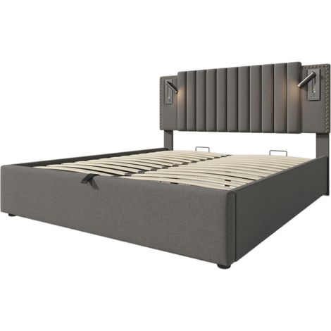 Cama doble tapizada 140x200 cm gris con arcón, luz de lectura, USB-C y somier (1/5)