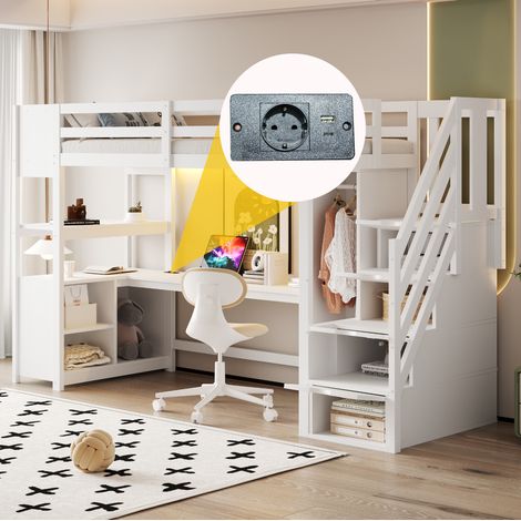 Lit mezzanine en bois blanc 90x200 cm avec bureau, armoire, escalier de rangement et LED (1/5)
