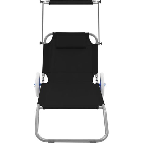 Chaise longue,Bain de soleil,Transat pliable avec auvent et roues Acier Noir CFW95634 (1/5)