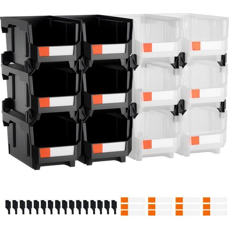 Lot de 12 bacs de rangement empilables 37,7 x 21,5 x 18 cm, plastique noir et transparent, garage, bureau, petites pièces (1/5)