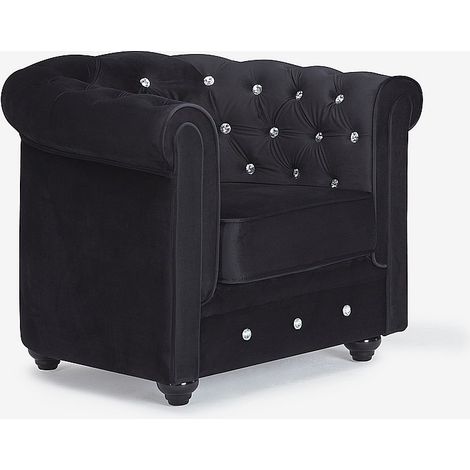 Vente-Unique – Fauteuil relax Chesterfield en velours noir – Dossier capitonné – Charge maximale 120 kg – Dimensions 85x72x78 cm
