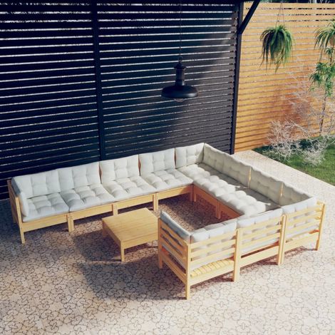 11-tlg. Garten-Lounge-Set mit Creme Kissen Kiefernholz (1/5)