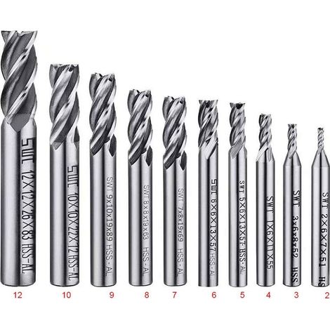 Juego de 10 brocas de 4 filos - Fresa de extremo de 2 a 12 mm - Juego de brocas HSS CNC de vástago recto para taladrar - Juego de herramientas para madera, aluminio, acero y titanio (1/2)