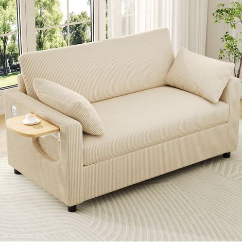 Canapé convertible 2 places aus Cord Beige, 134x82x84 cm, ausziehbar mit USB/USB-C, Klapptisch und Matratze (1/5)