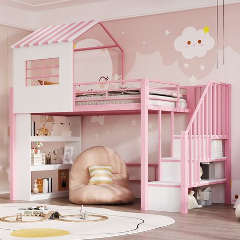 DESVIAE Lit mezzanine enfant 90 x 200 cm avec escalier de rangement réversible étagère de rangement espace sous lit rose métal MDF (1/5)