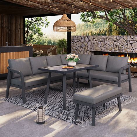Conjunto de jardín de acero gris para 8 personas, con tablero de vidrio y diseño moderno (1/5)