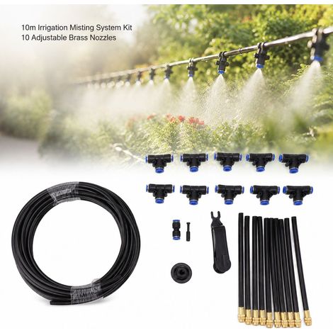 Sistema di irrigazione a pioggia - Ugelli regolabili a 360° - Tubo in PE da 10 m con 10 raccordi in ottone per giardino e serra (1/5)