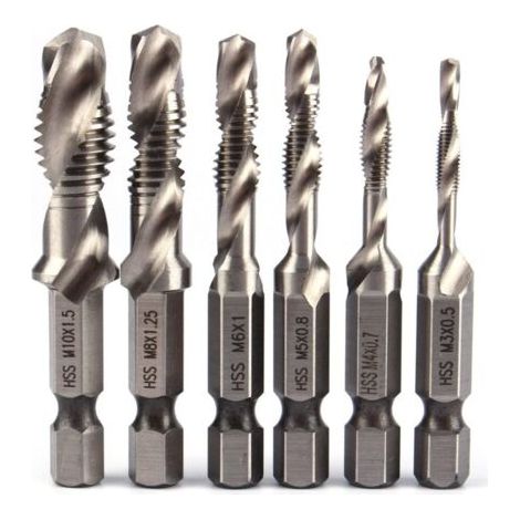SABIR 6 pièces M3-M10 Vis Taraud Forets Hss Tarauds Fraise bavurage Ensemble Mtrique Combinaison Peu Haute Vitesse Acier Changement Rapide HexagoneArgent (1/4)