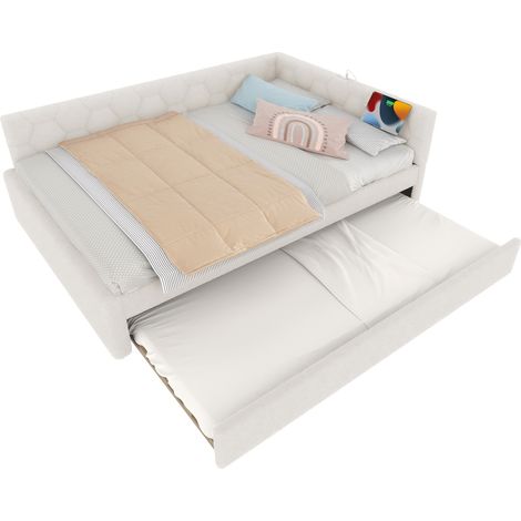 Lit avec rangement type daybed velours blanc 140x200 cm avec lit gigogne, sommier à lattes, ports USB/Type-C et lampe (1/5)