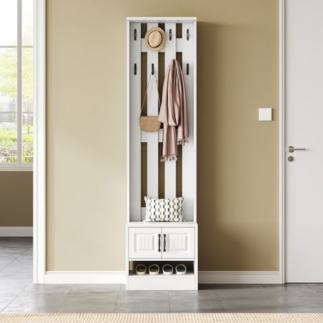 Vestiaire d'Entrée 3-en-1 avec Banc à Chaussures et Porte-Manteau, Blanc