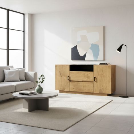 URBAN MEUBLE Buffet industriel effet chêne, niche noir et top en verre, 2 portes 2 tiroirs 140x40x70cm (1/5)