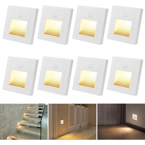 Spot LED pour escalier, 8 spots encastrés avec détecteur de mouvement, blanc chaud 3000K, 1,5W 230V Spot encastré pour escalier de 60 mm de côté, 86 mm de côté et pour l'intérieur.