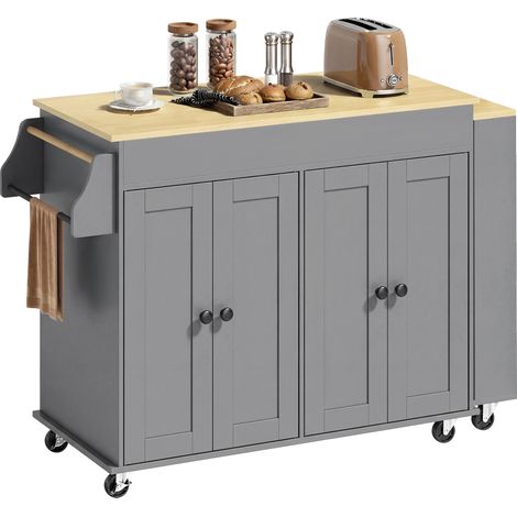 Table de cuisine îlot sur roulettes gris, plan de travail extensible, 4 portes, étagères réglables, porte-épices, porte-serviettes