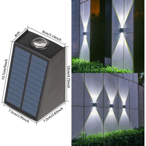 Solar-Wandleuchte für den Außenbereich, geeignet für Hof, Garten oder Villa, wasserdicht, vertikale und horizontale Beleuchtung (trapezförmige Wandleuchte mit 2 weißen LEDs, doppelte LED-Reihe, Solar- (1/5)