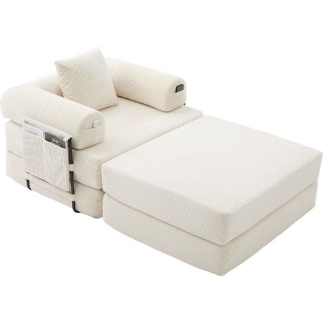 Fauteuil avec Pouf Modulable, Design Ergonomique avec Poche Latérale et Coussin, Velours Côtelé Beige 112 × 190 × 67 cm (1/5)