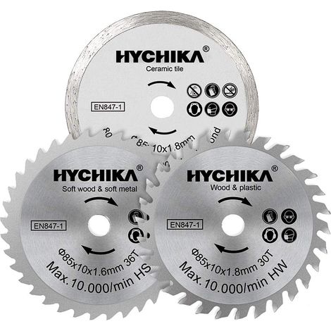 Lame Scie Circulaire, 3pcs Lames de Scie Circulaire 85x10, Diamètre: 85 mm, Mandrin: 10 mm, HC/HS/Diamond 4500 tr/min (1/5)