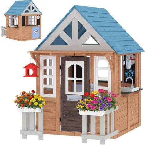 Cabane enfant extérieur en bois, maison enfant extérieure/intérieure avec chatière, cuisine de jeu, marron (1/4)