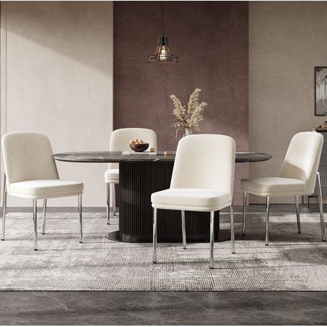 Sedie da pranzo set da 2, seduta spessa imbottita in velluto beige, gambe in metallo HAVRYA (1/5)