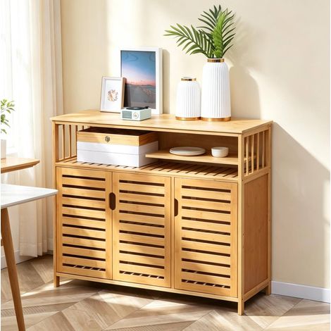 Aparador de bambú natural con puertas de lamas y estante abierto, 100 x 35 x 82 cm (1/5)