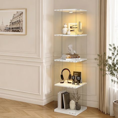 Vitrine d'Exposition Rotative 360°, H160x38x38cm, Étagère de Rangement pour Figurines et Livres avec Éclairage LED RGB, Verre et 4 Niveaux, Blanc (1/5)