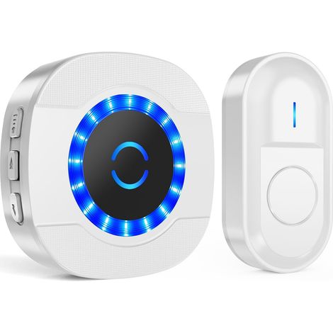 Kabellose Türklingel, 300 m Türklingel, wasserdichtes elektronisches Türklingel-Set mit Plug-in-Empfängern für Zuhause, 55 Melodien, 5 Lautstärkestufen, blaue LED, weiß (1/5)