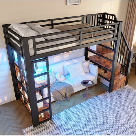 Cama Alta 90x200 Cm Estructura Metal Y Mdf LED Negra (1/5)