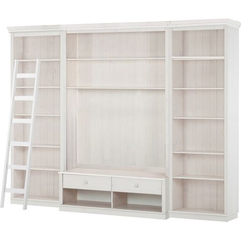 Bibliothèque avec meuble bas TV en pin massif laqué blanc – Ensemble de meubles de salon – Installation facile avec étagère ajustable