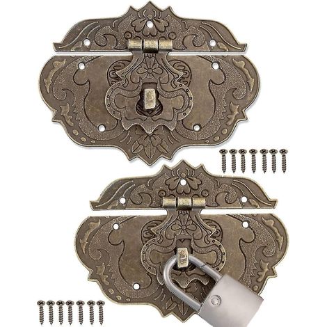 Set aus 2 schmiedeeisernen Verschlüssen im Antikbronze-Stil für Möbel, Gardinenbeschläge, Truhenschlösser, Schiebeboxen, 95 x 73 mm mit Schrauben.