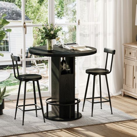 Ensemble table de bar et tabourets 3 pièces — Table en bois avec repose-pieds circulaire en métal — Idéal pour restaurants, cafés, bars, salons et plus encore — Noir