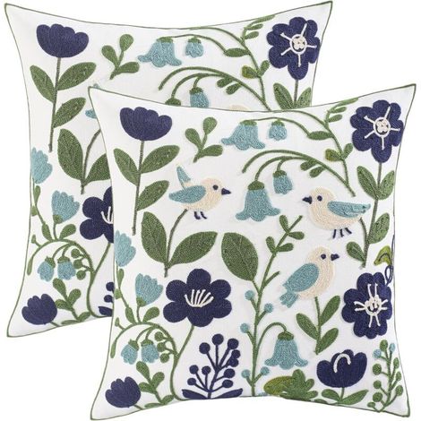 Lot de 2 Housse de Coussin Fleur Oiseau Beige 45 x 45 cm Fleurs Coloré Décoratif Taie d'oreiller pour Canapé Salon Chambre Chaise Jardin Maison Fauteuil Printemps Décoration (1/5)
