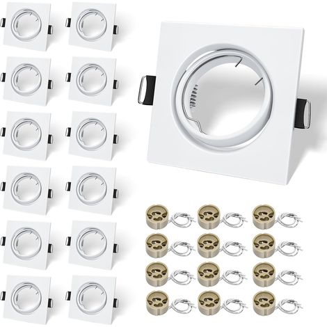 12x Cadres Encastrables GU10 Carrés, Blanc Mat Douille céramique, orientables à 30°, 87x87mm, découpe 68-80mm. Pour LED/halogènes 50mm. Ampoule non incluse. (1/5)