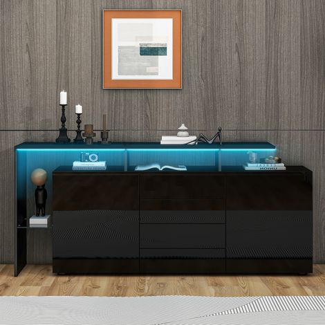Buffet LED - 160x35x70cm - avec 2 portes, 4 tiroirs, espace de rangement - noir laqué (1/5)