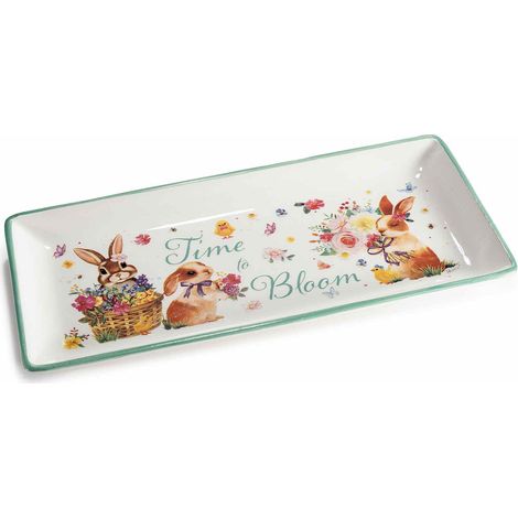 Piatti a vassoi rettangolari adatti al contatto alimentare realizzati in ceramica con stampa coniglietti di Pasqua, set da 2 pezzi, cm 30,5 x 14,5 H