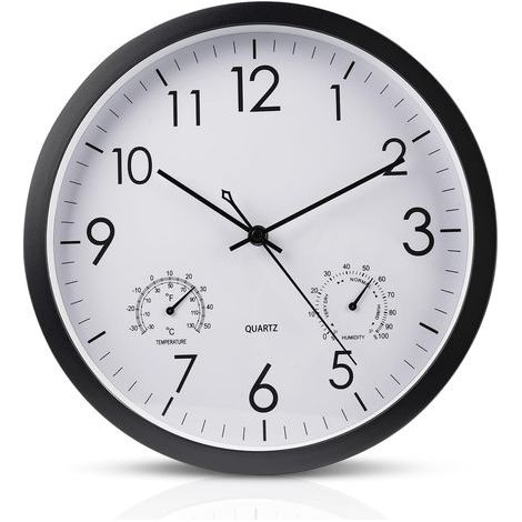 Geräuschlose schwarze Wanduhr: Küchenuhr mit Thermometer und Hygrometer, Außenuhr, Gartenuhr, große Außenwanduhr für die Terrasse (1/5)