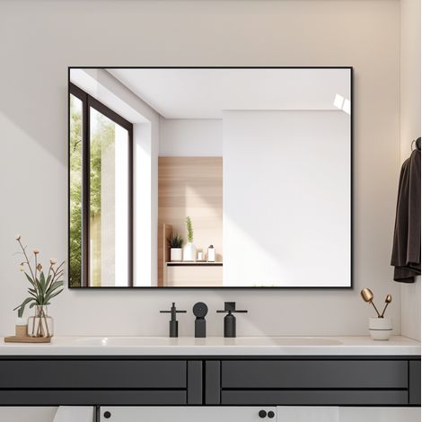 Espejo de baño (70x90 cm), montable en horizontal y vertical, con marco de aluminio negro, vidrio de 5 mm, negro (1/5)