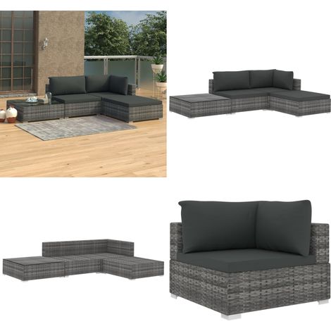 4-tlg. Garten-Lounge-Set mit Auflagen Poly Rattan Grau - Rattan - Gartenmöbel (1/5)