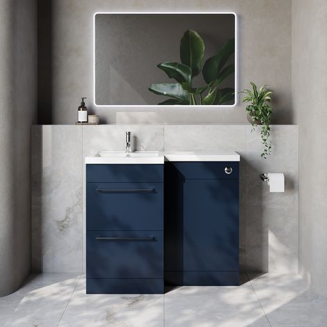 Napoli 390 Deep Blue 1000mm 2 Drawer Vanity Unit Toilet Suite with Left Hand Square Lucia Basin - 1000mm - Chrome 320mm HandleWithout Kingston Toilet Pan