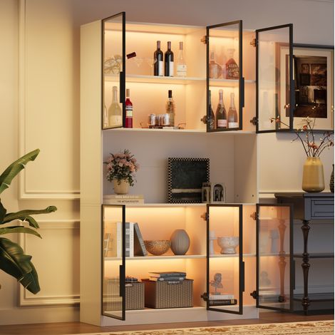 Vitrine (120 x 34 x 200 cm), mit 6 Türen, LED-Beleuchtung per App steuerbar, Soft-Close-Scharnieren, MDF, Weiß (1/5)