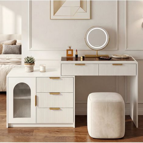 Coiffeuse 90-160/40/75 cm blanche avec plateau coulissant, miroir LED et finition élégante (1/5)