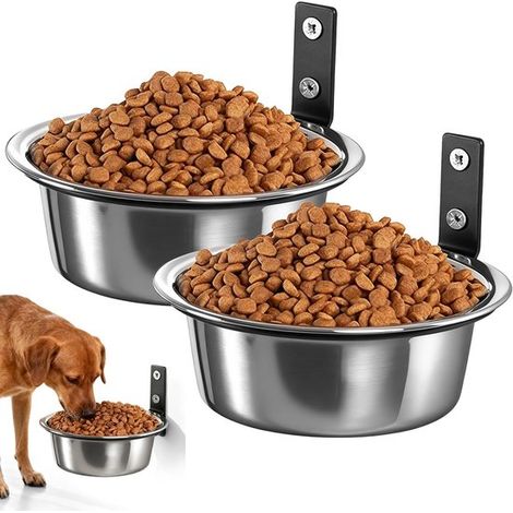 Comedero para perros y arenero para gatos de montaje en pared，2 estaciones de alimentación extraíbles de acero inoxidable，plegables y elevadas (1/5)
