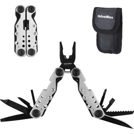 ValueMax Pince Multifonction en Acier Inoxydable 13 en 1, Couteau Multifonction, Multitool Parfait pour Extérieur, Camping, Randonnée, Réparation Simple, Argent (1/5)