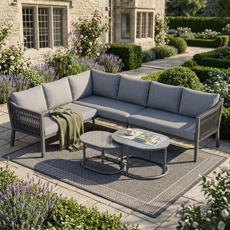 Ensemble jardin angle 6 personnes fer galvanisé plateau verre, composition modulable tables basses et canapé gris
