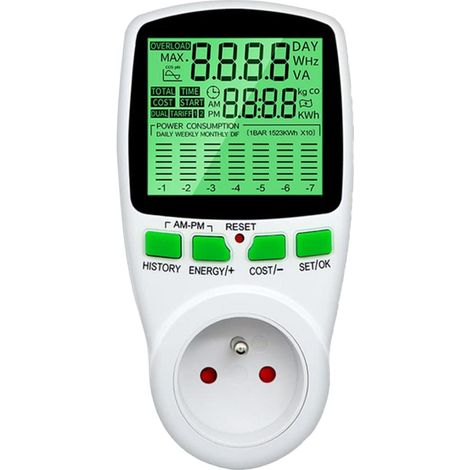 Prise Compteur dÉnergie, Consommation d'Énergie Mètre Wattmètre avec 11 Mode et l'écran LCD, Double Tarif Compteur pour Économie dEnergie, Surcharges de Protection, 3680W Max (1/5)