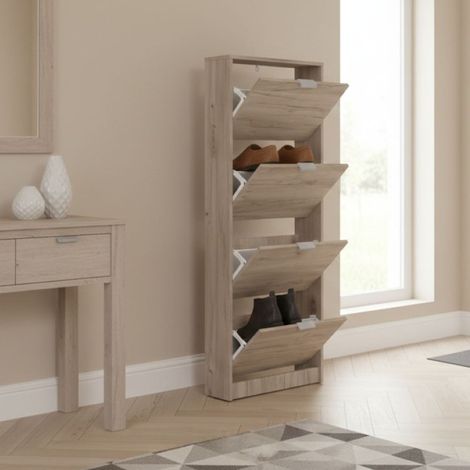 Schuhschrank Pfirsich, Schuhregal mit 1 Einlegeboden, 4 Türen, Wandbefestigungsset inkl., 58x18x156h cm Dunkle Eiche Braun (1/5)