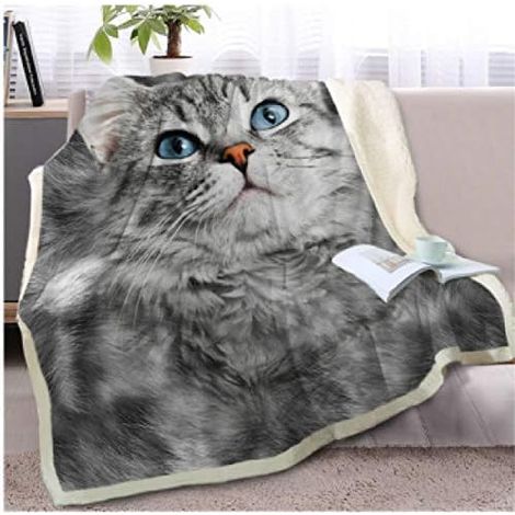 Plaid Couverture Peluche, Super Douce Chaude 3D Velours Voyage Pique-Nique Chambre Canapé-Lit Literie Bébé Petite Couverture Drap de Lit Adulte Enfant (150x130cm,Chat Gris) (1/5)