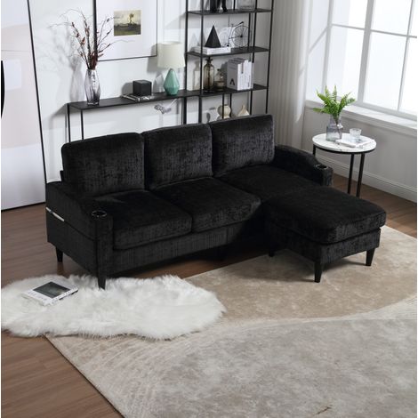 Canapé 4 places en chenille noire avec pouf, rangement, porte-gobelets et pieds plastique (1/5)
