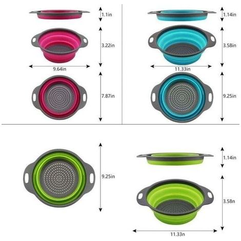 Set mit 3 runden, faltbaren Silikon-Wasserfiltern – 2 x 4 Pints und 1 x 2 Pints – Ideal zum Abgießen von Nudeln, Gemüse und Obst (grün, blau, lila) (1/3)